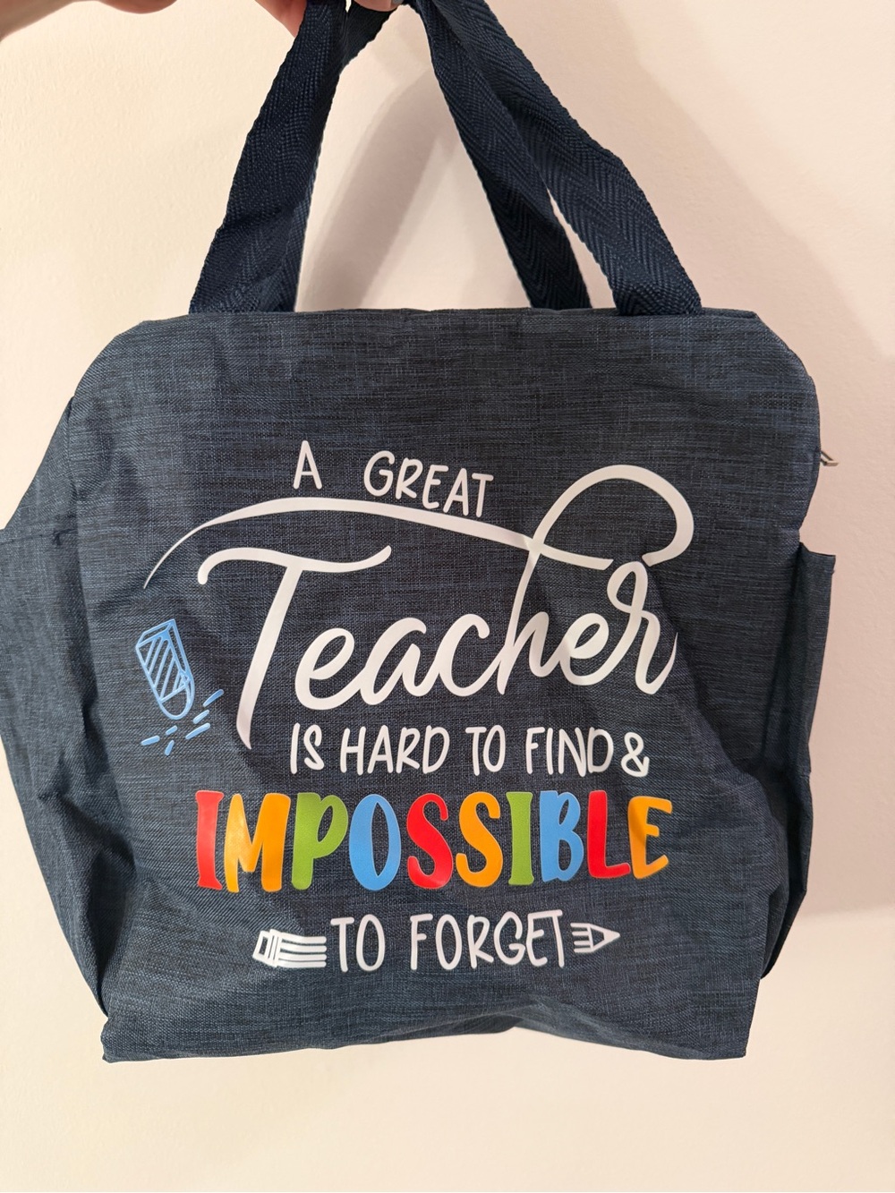 Teacher Navy Tote Lunch Box with Colorful 'Impossible' Design NWOT